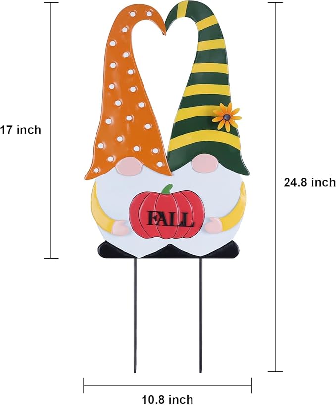 YEAHOME Outdoor Fall Decor, 2 Gnomes Decorative Garden Stake with Pumpkin for Fall Decorations, Autumn Metal Yard Signs for Home Outside Garden Porch Lawn, Thanksgiving Decorations Outdoor (YHMD-478)
