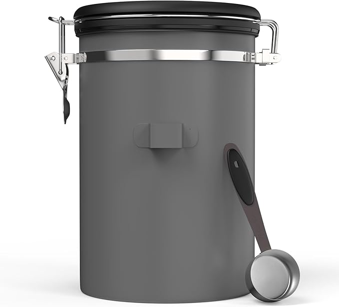 HAIOOU Large Coffee Canister, 38OZ Oversized Stainless Steel Coffee Bean Storage Container with Date Tracker, Measuring Scoop, CO2 Releasing Valves for Beans, Grounds and more - Gray