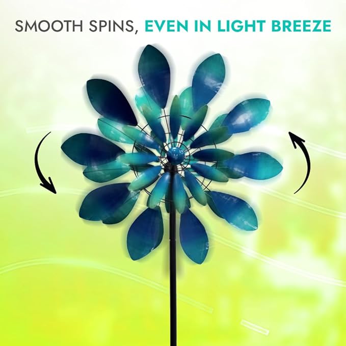 Large Wind Spinners - Decorative Garden Whirligigs - Durable Metal Flower Art - Ideal for Yard Decor and Gifts - Outdoor Accessories - Designed for Patios & Landscapes Blue 24"W x 84"H