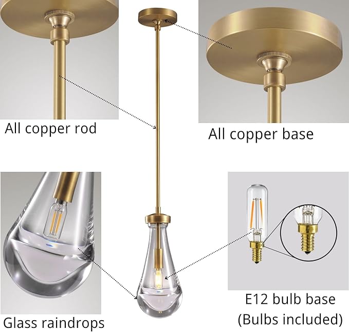 Modern Raindrop Pendant Lights, Pendant Lights for Kitchen Island, Brass Rod Dining Room Light Fixture， Clear Solid Raindrop Chandelier, Chandelier for Living Room Hallway, Including Bulb