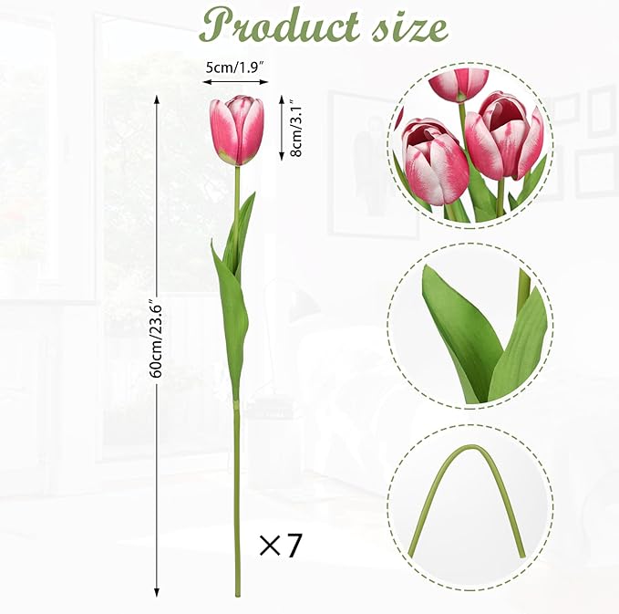 Artificial Tulips Flowers – 24" Long Stem Faux Tulips, 7PCS Real Touch Fake Red Tulip for Vase, Farmhouse, Kitchen, Spring & Wedding Home Decor