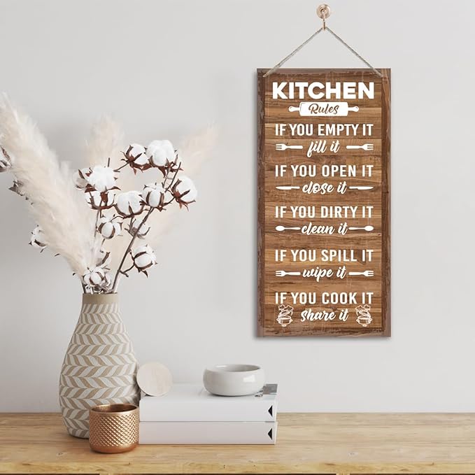 Hanging Rustic Wooden Kitchen Decor Sign, Printed Wood Wall Art, Funny Farmhouse Kitchen Wall Decor I1