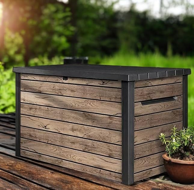 Outdoor Storage Box, Wood-Look Resin Deck Container, Indoor/Outdoor Storage, Ash Wood Brown (230 Gallon)