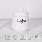 HAOTOP 12oz Sugar Bowl with Lid and Spoon,Ceramic Sugar Jar Sugar Dispenser Sugar Container Coffee Bar Accessories, Kitchen Countertop Canisters, White