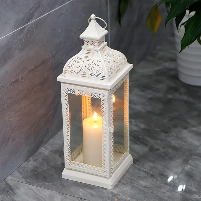 TRIROCKS Rustic Style Metal Candle Lantern 19'' High Decorative Hanging Lantern Candle Holder with Tempered Glass for Christmas Living Room Garden Yard Patio Parties Events Indoors Outdoors(Cream)