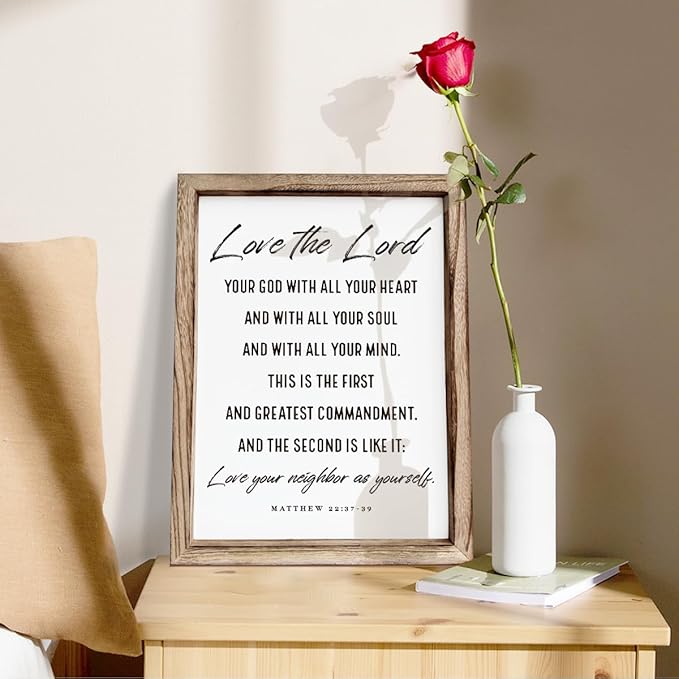 Christian Wall Plaque, Master Bedroom Decor Above Bed, Rustic Farmhouse Christian Decor, Matthew 22:37-39 Signs, Framed Wall Plaque Sign 15 * 11.5 inches, Love the Lord Sign