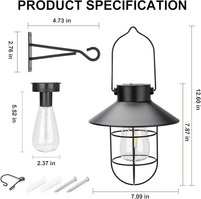 pearlstar Solar Lantern Outdoor 2 Packs Hanging Light Metal Solar Lamp with Warm White Edison Bulb Design for Garden Yard Patio Proch Decor(Black)