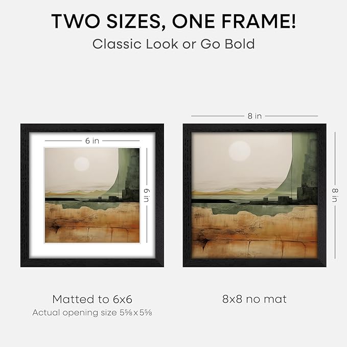 Homeforia 8x8 Picture Frame Black Wood, High-End Oak 8 x 8 Square Frames with Mat 6 by 6 inch Photo, 8x8 Wooden Frame Matted to 6x6 Art, 8by8 Wall or Tabletop Frame, Tempered Glass, Wall Kit, Set of 1