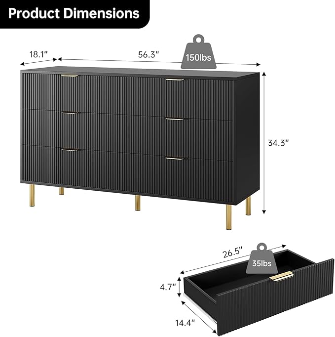 GAOMON 6 Drawer Dresser, Wood Chest of Drawers Organizer Storage with Gold Handle, Large Storage Cabinet, Modern Design Dresser for Bedroom, Living Room, Closet, Hallway, Entryway, Black