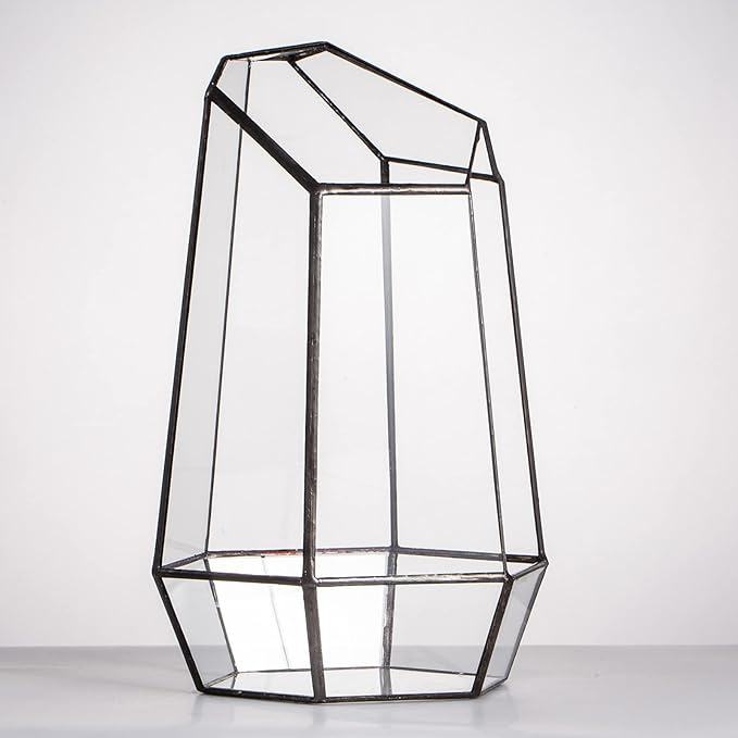 NCYP Geometric Glass Terrarium Planter for Succulent, Small Cacti, Black Irregular Opened Container Pot, Indoor Home Garden Office Tabletop Decor, 6.5" x 5.7" x 9.8" (No Plants, No Door)