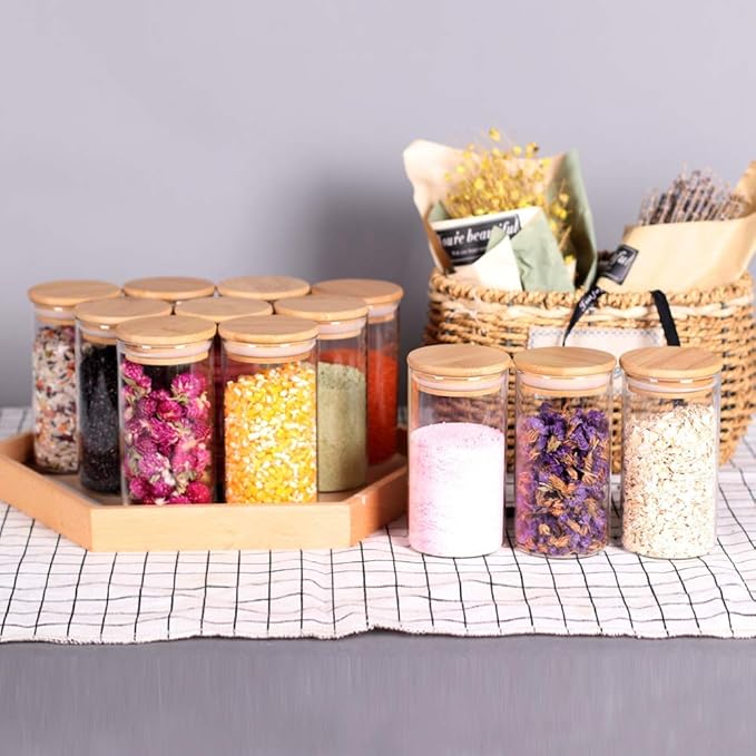 12 Pcs Glass Spice Jars - 8.5oz Empty Small Glass Bottles with Bamboo Airtight Lids and Labels - Thicken Seasoning Spice Containers for Kitchen Organization and Storage…