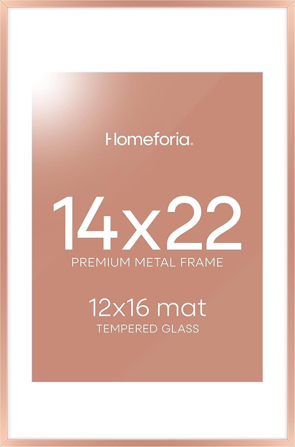 Homeforia 14x22 Picture Frame Rose Gold, High End Metal 14x22 Poster Frames with Mat 12x16 inch Photo, 14 x 22 Rose Gold Frame Matted to 12 by 16 Print, 22x14 Frame, Tempered Glass, Wall Kit, Set of 1