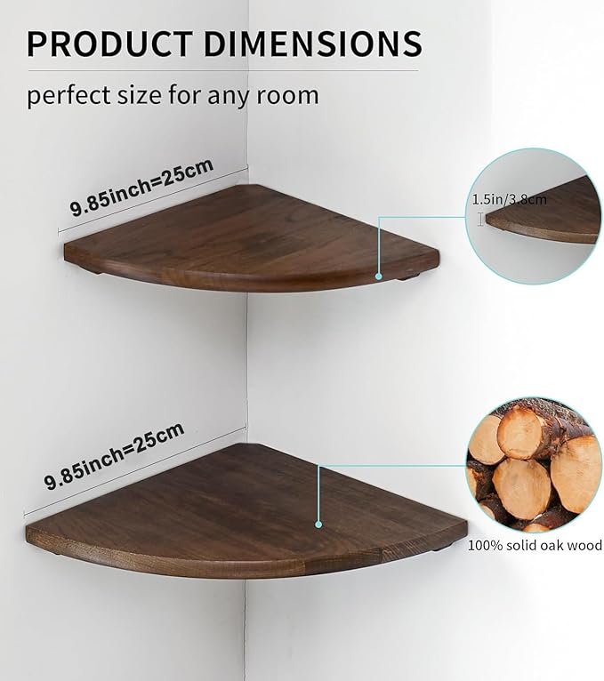 Corner Shelves, Floating Corner Shelf, Set of 2 10inch Solid Oak Wood Corner Wall Shelves, Round End with Wire Hole for Small Plant for Bedroom Kitchen, Living Room