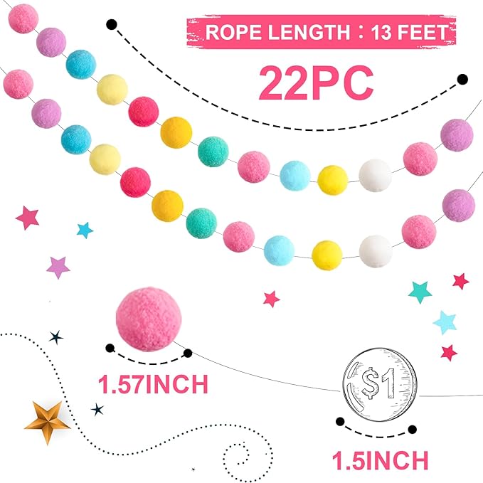 TBD Decor 2pk Pom Pom Garland Easter Decorations 13FT Colorful Large Felt Ball Spring Garland Easter Tree Decorations for Mantle,Indoor Holiday Wedding Birthday Party Supplies