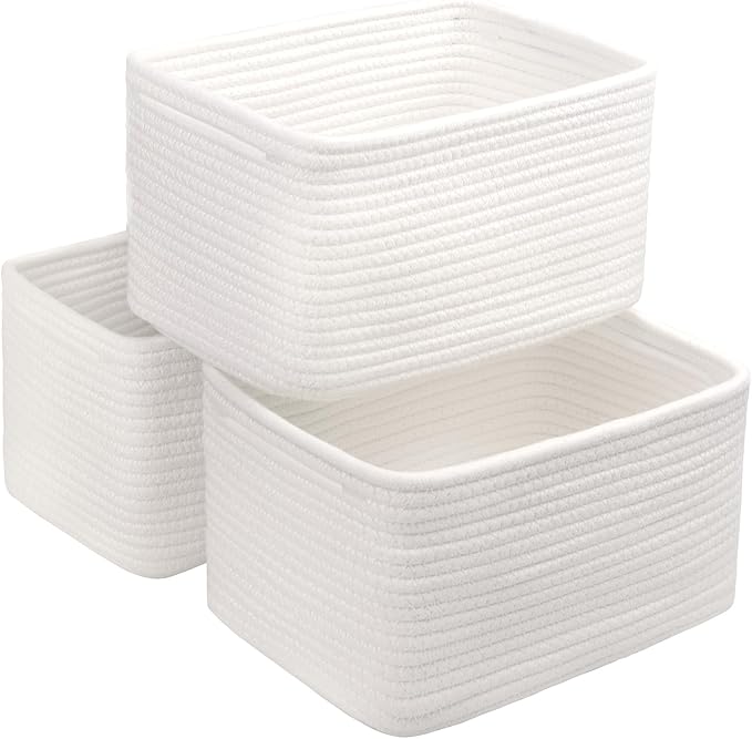 Small Cotton Rope Storage Basket Set of 3-11"x7"x7" Perfect Woven Baskets for Storage, Ideal Storage Baskets for Organizing Toys, Towels, and More - Baskets for Shelves and Home Decor（White）