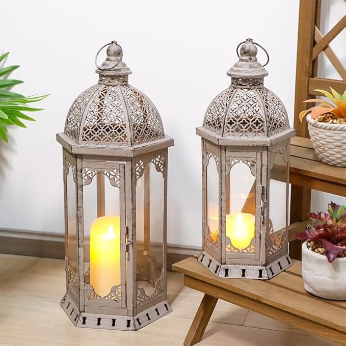 JHY DESIGN Set of 2 Decorative Candle Lanterns 22"&17" H Vintage Metal Candle Holder for Garden Indoor Outdoor Parties Weddings Patio Home Decor(Grey with Black Brush)
