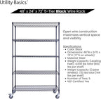 48"x24"x72" Black 5-Tier Premium Wire Shelving NSF 4000 LBS MAX Capacity Heavy Duty Steel Storage Rack for Warehouses, Garages, Hospitals, Commercial Spaces, & Schools w/Premium Wheels
