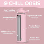 Chill Oasis Water Bottle | Compatible With Popular Flavor Cartridges | BPA Free, Leak Proof, Double-Walled Vacuum Insulated Stainless Steel, and Dishwasher Safe | Cold for 24 Hours (Pink, 22oz)