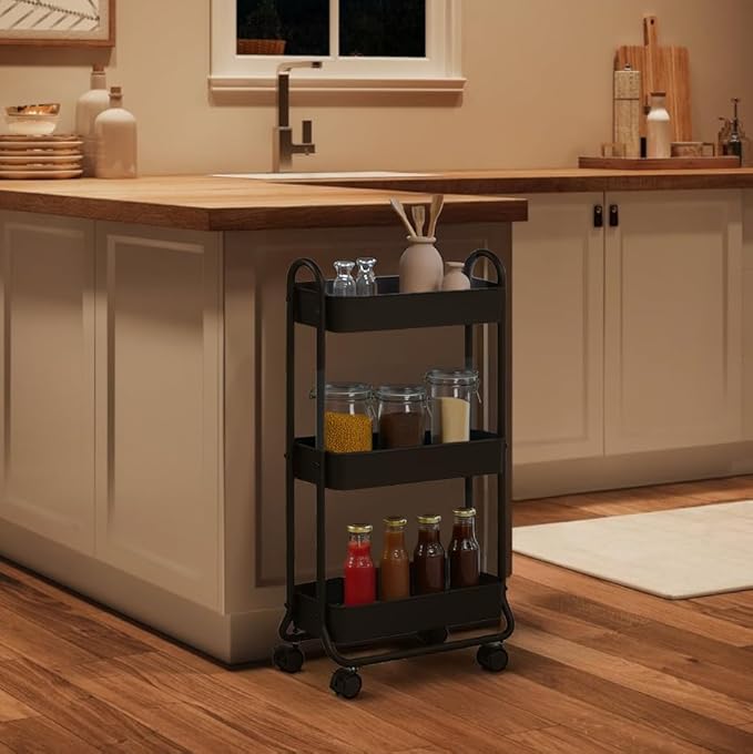 SunnyPoint Slim Rolling Storage Cart, 3 Tier Bathroom Storage Organizer Bathroom, Laundry Utility Cart (Black)
