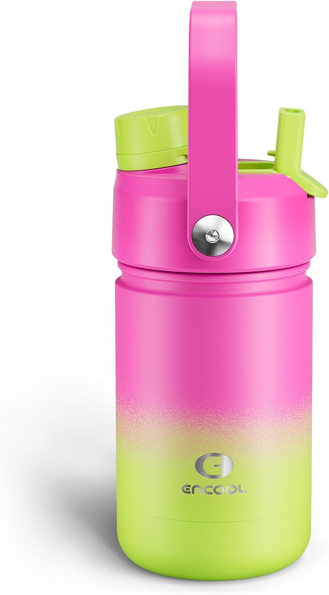 Kids Insualated Water Bottle with Straw - 12oz Stainless Steel Water Bottle with Dual Spouts, Leak-Proof, BPA-Free, Double Wall Vacuum Keeps Cold for 24 Hours for Sports, Travel, School (Lime Sorbet)