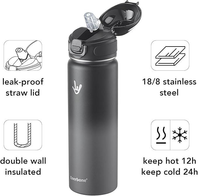 Enerbone 24 oz Insulated Water Bottle, Stainless Steel Bottle with Carrying Strap, Double-Wall Vacuum Insulation Design, Leakproof Sports Bottle with Straw, Keep Drinks Cold or Hot for Hours