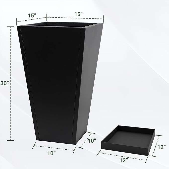 Metal Planter 30" H - 2 Pack, Tall Planters with Removable Insert Shelve & Saucer Trays, Metal Outdoor Planters for Porch, Garden, Patio, Yard (Black)