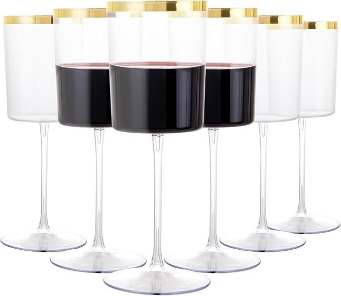 Ciaell 12 Pack Plastic Wine Glasses - 14 Oz Plastic Wine Glasses with Stem - Square Gold Disposable Stemmed Glass for Parties & Weddings & Outdoors & Thanksgiving