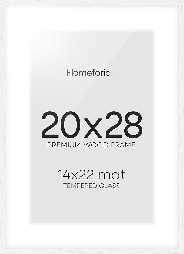 Homeforia 20x28 Picture Frame White, High End Oak 20 x 28 White Wood Poster Frames with Mat 14 by 22 Photo, 20x28 Wooden Frame Matted to 14x22, 28x20 Hanging Frames, Tempered Glass, Wall Kit, Set of 1