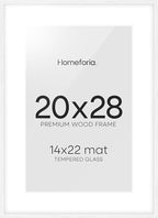Homeforia 20x28 Picture Frame White, High End Oak 20 x 28 White Wood Poster Frames with Mat 14 by 22 Photo, 20x28 Wooden Frame Matted to 14x22, 28x20 Hanging Frames, Tempered Glass, Wall Kit, Set of 1