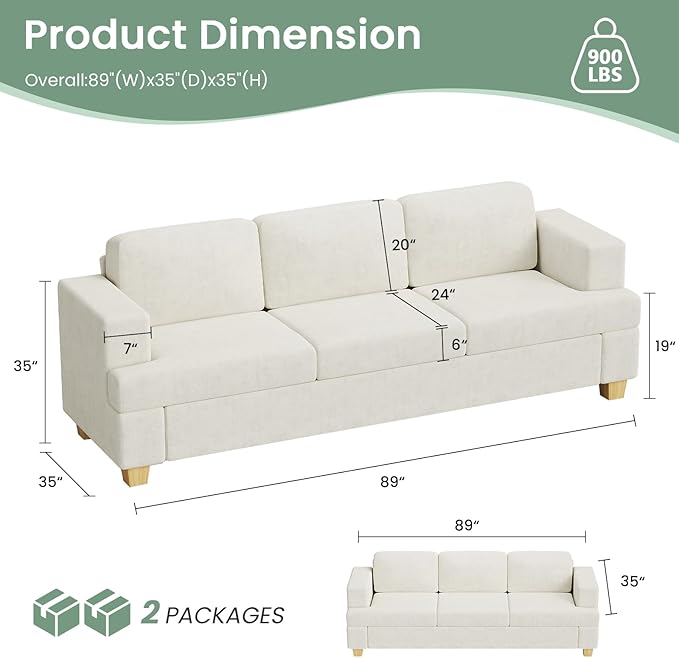 Sofa, 2 Piece Set Comfy Couch, 3 Seater & Loveseat Sofa with Deep Seats, Modern Sleeper Couch for Living Room, Beige Chenille