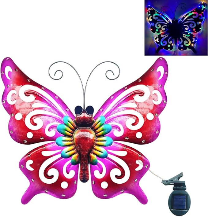 Solar Garden Light, Metal Butterfly Wall Art, 19" Large Hanging Decor for Garden Patio Fences Porch Yard Art Outdoor Wall Decor, Weatherproof Decorative Lighting, Housewarming Wedding Birthday Gift