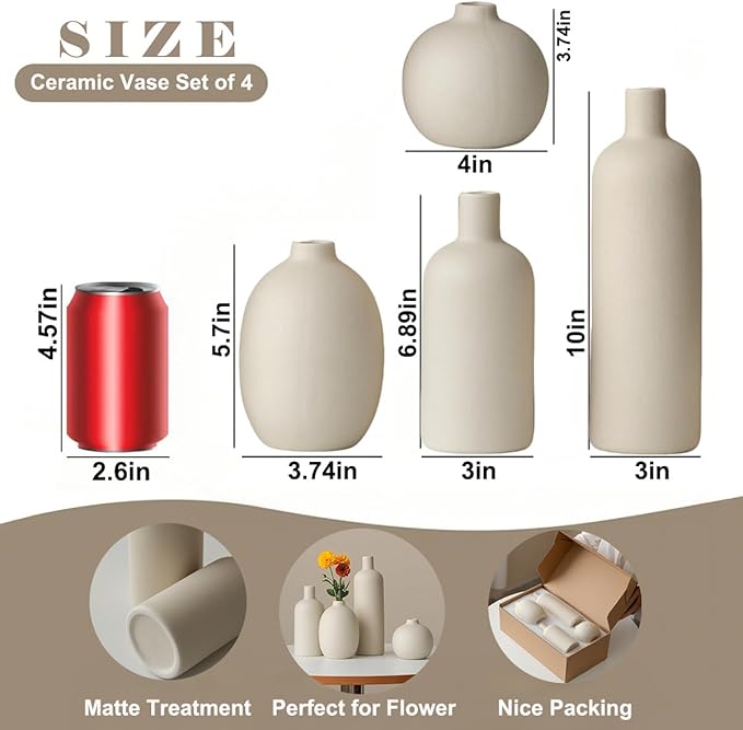 Modern Ceramic Vase Set, Neutral Colors, Decorative Vases for Home Decor, 4 Piece Collection (Beige)