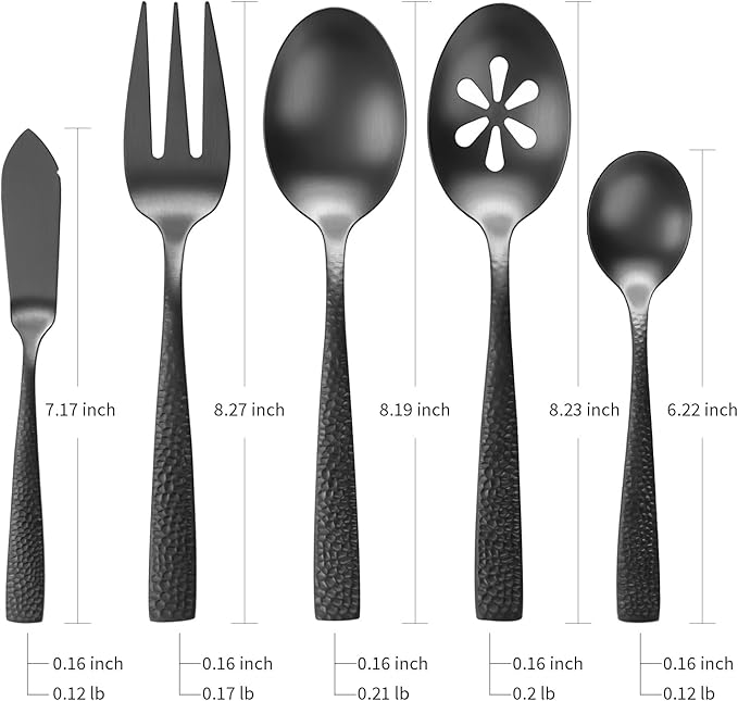 Silverware 45-Piece Matte Black Hammered Flatware Set with Serving Utensils, Stainless Steel Thick Handle Matte Polished Cutlery Set for Wedding Hotel Restaurant, Service for 8