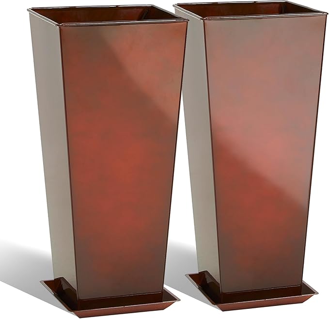 KOL 25''H. Galvanized Steel Planter with Saucer, Tall Glazed Planter Pots for Indoor & Outdoor Use, Set of 2, Decorative Flower Plant Pots with Drainage Hole for Porch, Patio, Deck - Reddish Brown