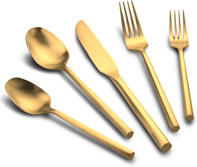 30-Piece Matte Gold Silverware Set, Hand Forged Utensil, Stainless Steel Flatware Set, Hexagon Handle Cutlery Set for Home Hotel Use, Service for 6