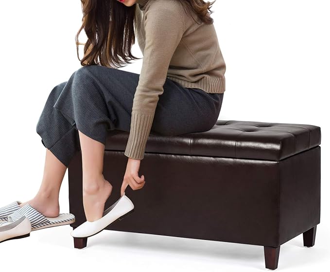 Asense Storage Ottoman Bench, Faux Leather Upholstered End of Bed Bench with Safety Hinge Wooden Legs, for Entryway Bedroom (Chocolate Brown, 33.3")