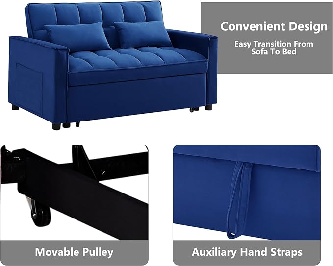 3 in 1 Convertible Sleeper Sofa Bed,Futon Loveseat Couch with Pull-Out Bed & Adjustable Backrest,Velvet Fabric Sofa with Side Pocket for Small Apartment, Living Room, Office (Blue)