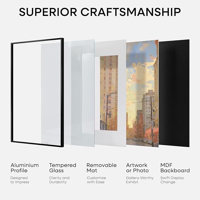Homeforia 14x14 Picture Frame Black, High End Metal 14 x 14 Square Poster Frames with Mat 12 x 12 Photo, 14x14 Black Frame Matted to 12x12 Print, 14by14 Thin Frames, Tempered Glass, Wall Kit, Set of 1