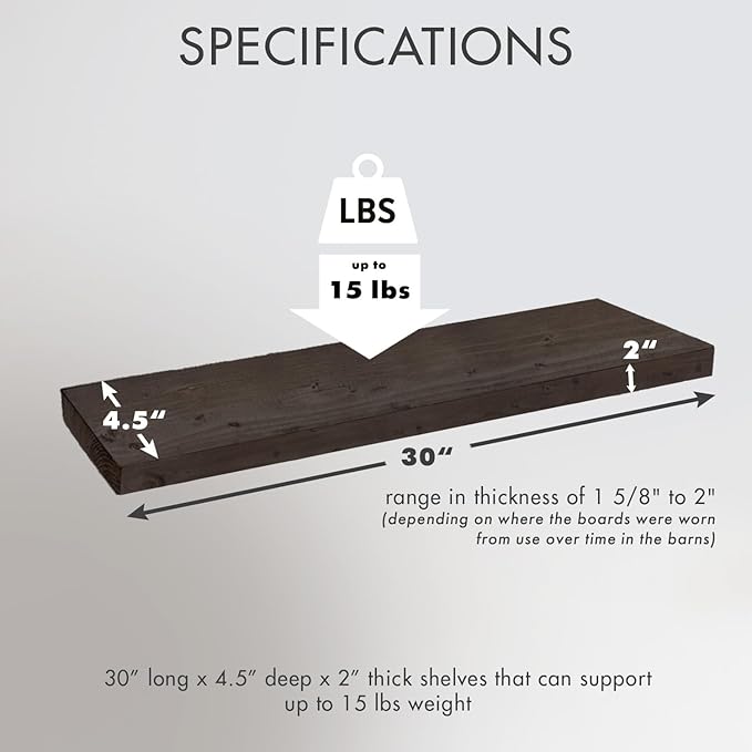 Urban Legacy Reclaimed Barnwood Planks | Floating Shelves for Wall w/Flush Mount Shelf Bracket Set Included | Set of 2 (Coffee Bean, 30"x 4.5"x 2")