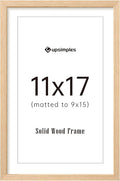 upsimples 11x17 Picture Frame, Natural Solid Wood Picture Frames, Display 9x15 with Mat or 11 x 17 Without, Vertical or Horizontal Wall Hanging, 1 Pack, Natural