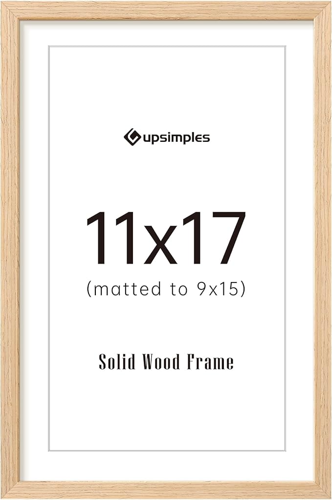 upsimples 11x17 Picture Frame, Natural Solid Wood Picture Frames, Display 9x15 with Mat or 11 x 17 Without, Vertical or Horizontal Wall Hanging, 1 Pack, Natural