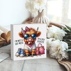 Funny Cute Highland Cow Baby Decor, Cow With Pink Bow, Highland Cow Gifts for women, Western Highland Cow Nursery Decor, Wooden Box Decor Sign for Home Farmhouse Office Living Room Table Shelf