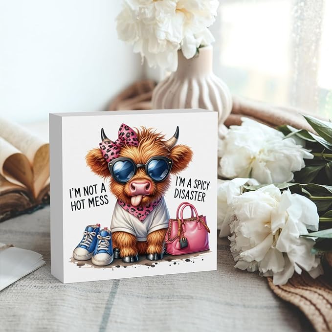 Funny Cute Highland Cow Baby Decor, Cow With Pink Bow, Highland Cow Gifts for women, Western Highland Cow Nursery Decor, Wooden Box Decor Sign for Home Farmhouse Office Living Room Table Shelf