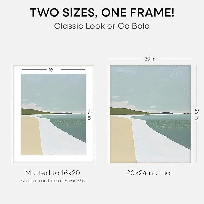 Homeforia 20x24 White Picture Frame, High End Oak 20x24 White Wood Frame with Mat 16x20 Photo, 20 x 24 Wooden Poster Frames Matted to 16 by 20, 24x20 Hanging Frames, Tempered Glass, Wall Kit, Set of 1