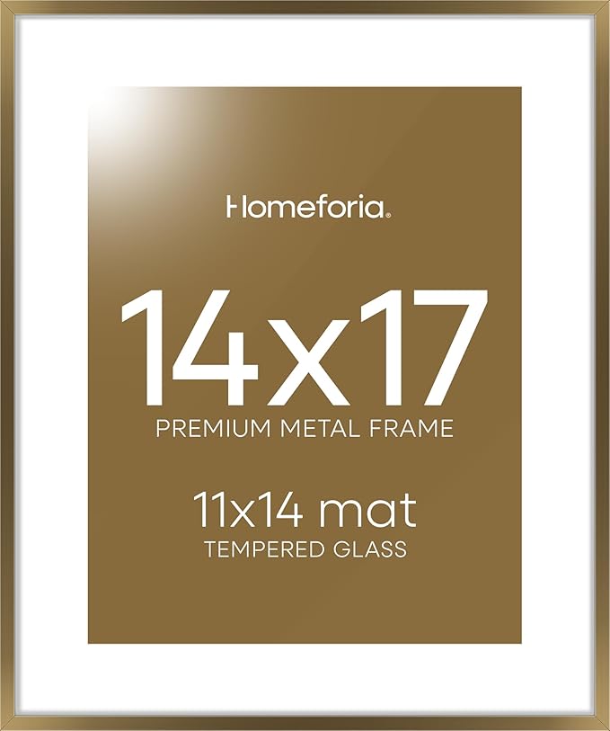 Homeforia 14x17 Picture Frame Bronze, High End Metal 14x17 Brass Poster Frames with Mat 11x14 for Photo, 14 x 17 Frame Matted to 11 by 14 Print, 17x14 Hanging Frame, Tempered Glass, Wall Kit, Set of 1