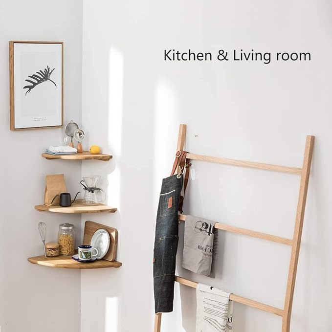 Corner Shelf, 7inch Solid Oak Wood Floating Corner Shelf Wall Mount Round End Floating Speaker Shelves with Wire Hole for Small Plant Photo Frame for Bedroom Kitchen, Living Room