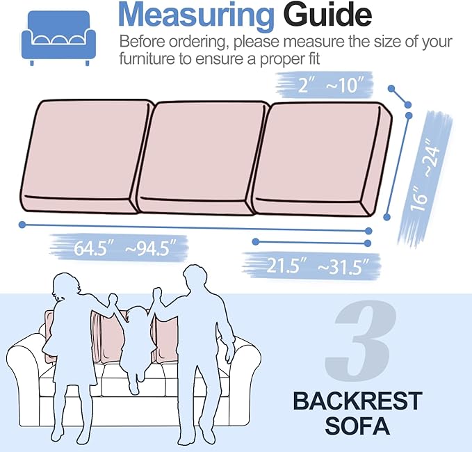 Large Backrest Cushion Covers Super Stretch Backrest Covers for 3 Cushion Couch Sofa, Couch Back Cushion Covers Featuring with Chenille Yarn (Softer Version, 3PC, Pale Pink)