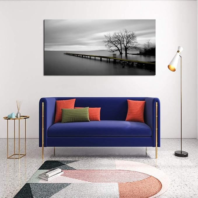 DZL Art S74962 Canvas Prints Modern Minimalist Black and White Lake Trees Landscape Wall Art Painting for Living Room Bedroom Decor Office Wall Decor Home Decoration