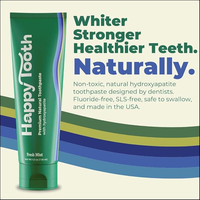 Happy Tooth Hydroxyapatite Toothpaste, Fluoride Free, Natural Whitening for Kids, Toddlers and Adults, SLS Free, Enamel Safe, Dentist Formulated with Clean Ingredients, Fresh Mint Flavor, 3.4oz