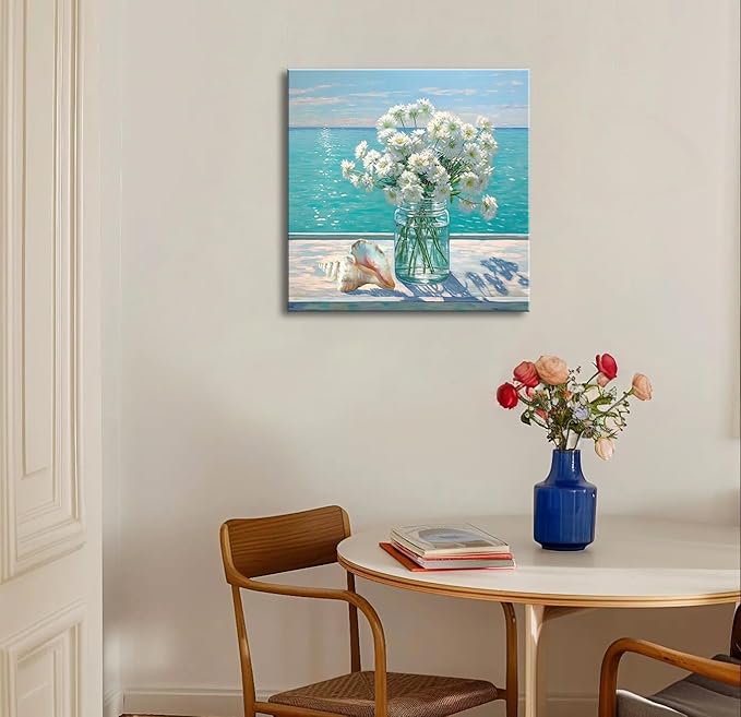 Bathroom Decor Ocean Daisy Flower Canvas Wall Art Coastal Nautical Seashell Seascape Framed Picture Ocean Theme Seascape Painting Artwork for Bedroom Home Decoration Square Blue 14x14"